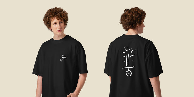 model in a black cosmo’s tee, front and back