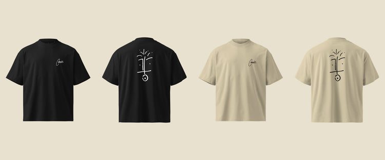 the four foundation tees laid flat, black and stone, front and back