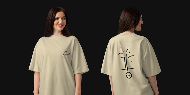 model in a stone cosmo’s tee, front and back